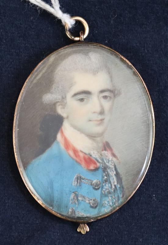 French school c.1770 Miniature of a nobleman wearing a blue coat 1.75 x 1.25in., engraved gold frame